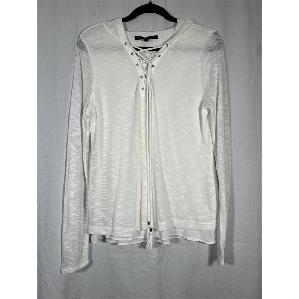 White House Black Market white long-sleeve lace-up top w/ hood NWT Tassel Size M